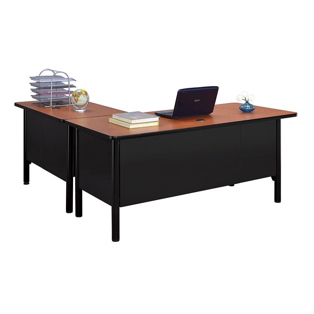 Cherry and Black L-Shaped Executive Office Desk with Lockable Drawers
