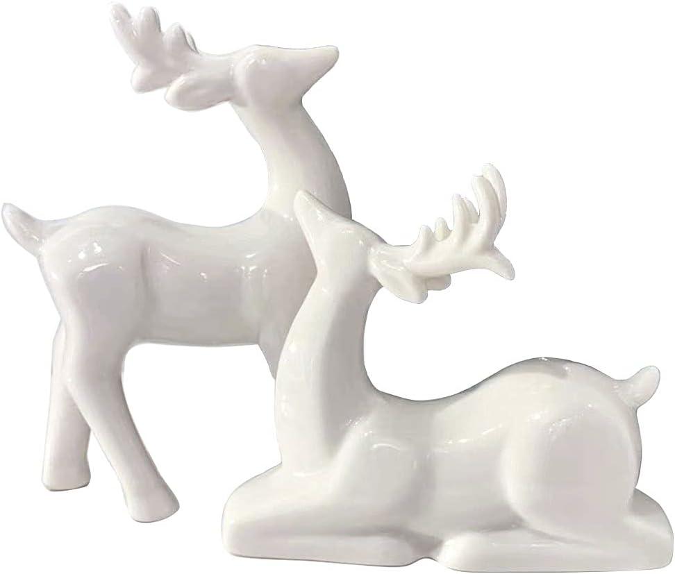 QIAOIDEA Pack 2 Porcelain Christmas Reindeer Figurines Mini Animal Reindeer Decor Deer Statues Sculpture Collectible Figurines