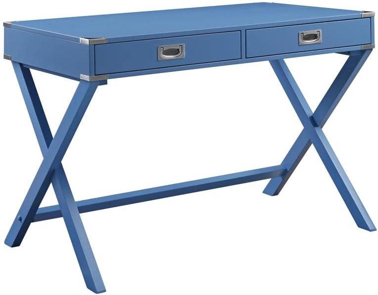 ACME Amenia Wooden Rectangular 2-Drawer Writing Desk with X-Shaped Base in Blue