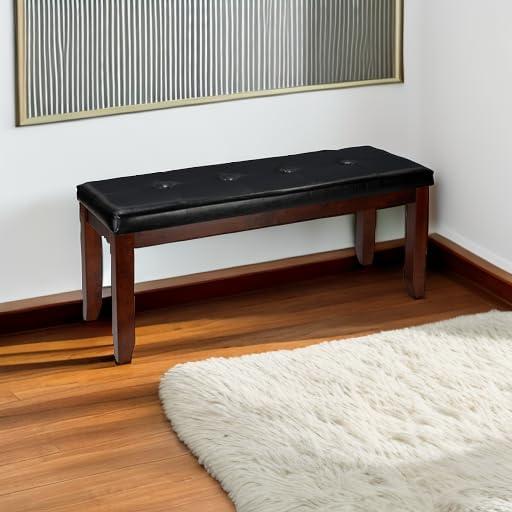 Cortesi Home Mandi Dining Bench, Solid Wood & Tufted Black Faux Leather