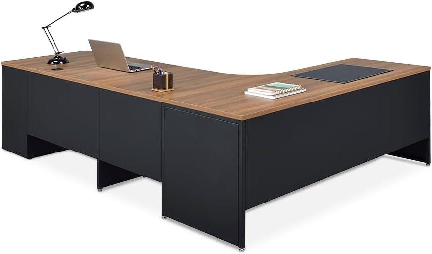 Oak and Black L-Shaped Executive Desk with Filing Cabinet