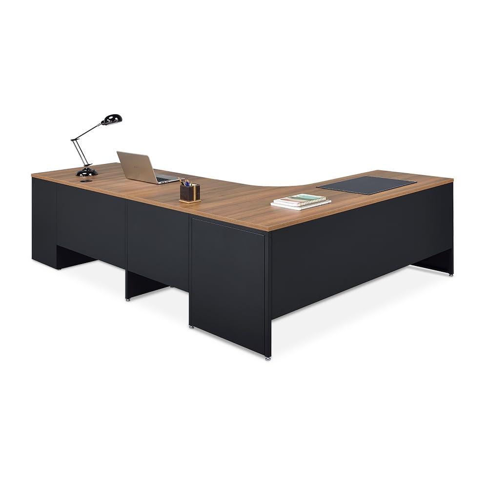 Oak and Black L-Shaped Executive Desk with Filing Cabinet