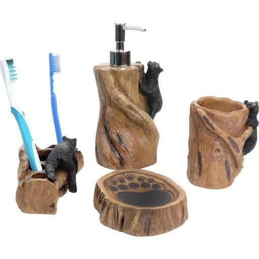 Rustic Lodge Polyresin Bath Set with Climbing Black Bears