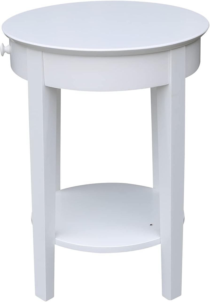 Elegant Round White Parawood Accent Table with Drawer and Shelf