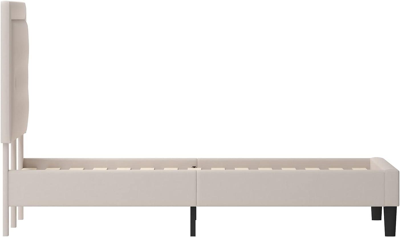 Modern Beige King Size Tufted Upholstered Platform Bed with Slats