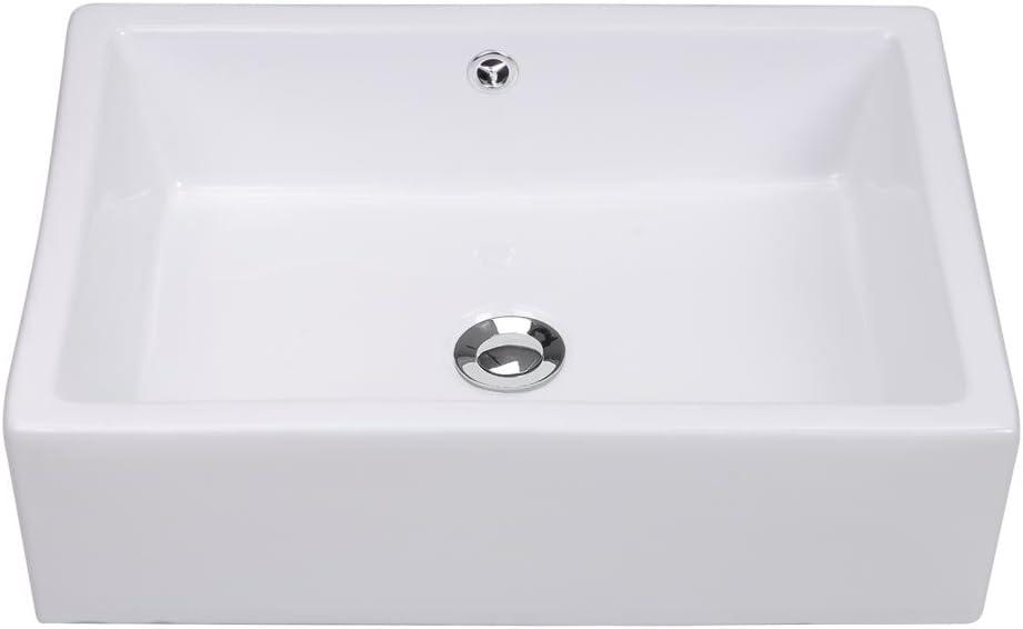 Rectangular White Ceramic Above-Counter Vessel Sink with Chrome Drain