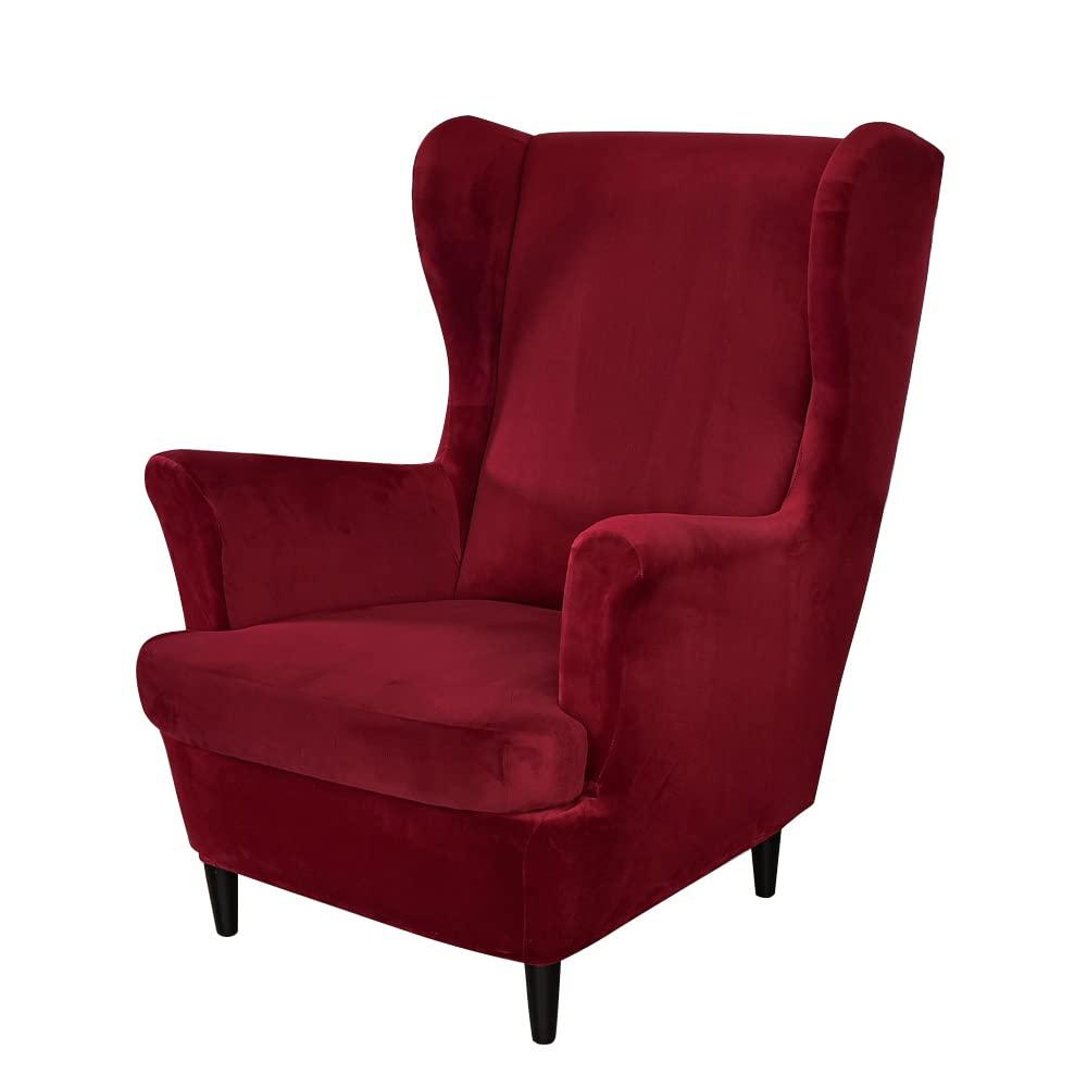 Wing Chair Slipcovers, 2 Piece Stretch Wingback Chair Cover Soft Velvet Armchair Covers with Elastic Bottom for Living Room Bedroom (Wine red)