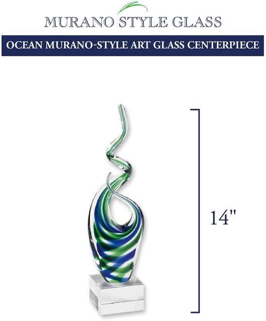 14" Blue and Green Murano Style Art Glass Sculpture on Crystal Pedestal