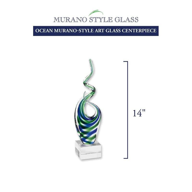 14" Blue and Green Murano Style Art Glass Sculpture on Crystal Pedestal