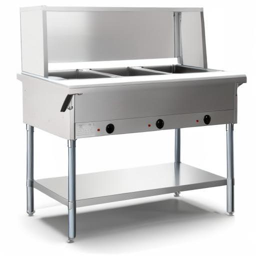 Five Pan Open Well Electric Steam Table with Undershelf and Sneeze-Guard, 240V, KM-OWS-5SG.