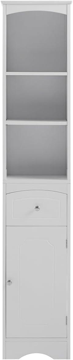 Tall White MDF Living Room Storage Cabinet with Shelves and Drawer