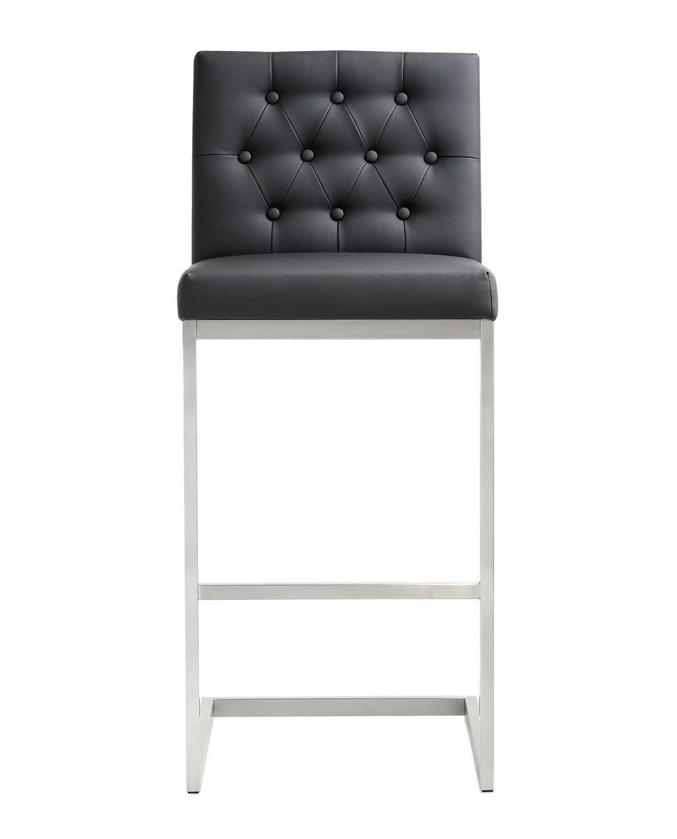 Contemporary Black Leather Swivel Bar Stool with Stainless Steel Base