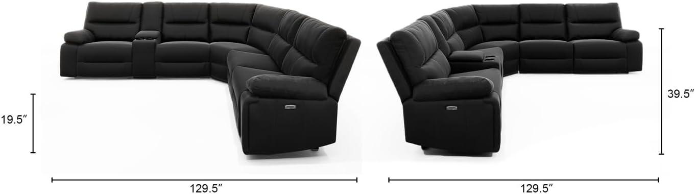 Jennifer Taylor Home Malibu 130" Modern Power Motion 6-Piece Reclining Corner Sectional with Cup Holders, Coal Black Top Grain Leather