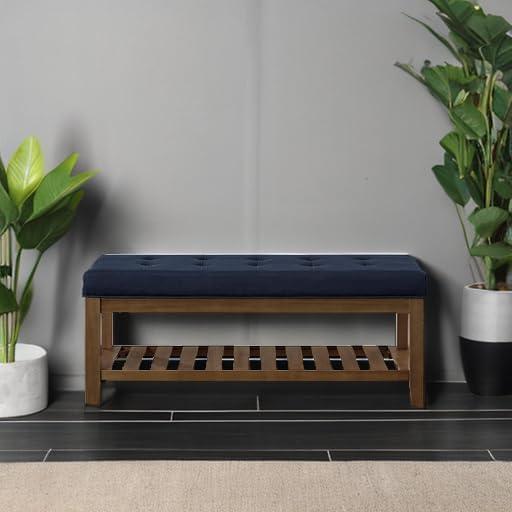 Navy Blue Tufted Linen Upholstered Bench with Wood Shelf