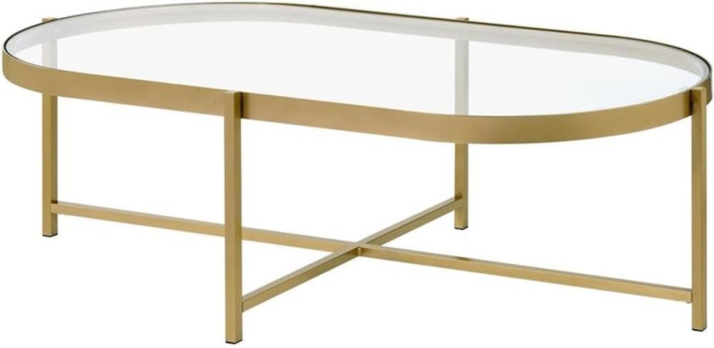 Elegant Oval Tempered Glass Outdoor Coffee Table with Gold Metal Base