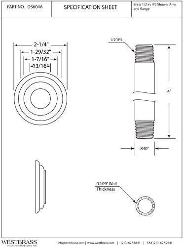 Westbrass 1/2" IPS x 4" Round Ceiling Mount Shower Arm with Flange