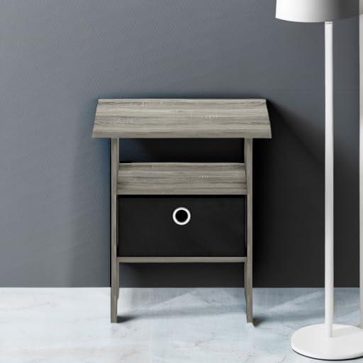 11157GYW-BK End Table Bedroom Night Stand with Bin Drawer, French Oak Grey & Black