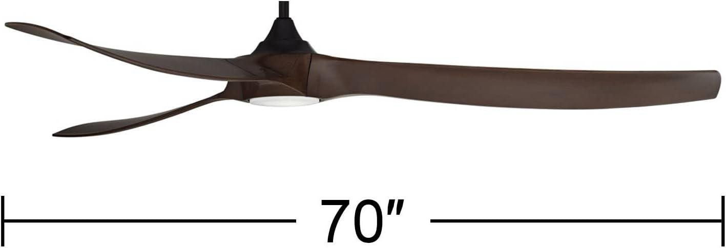 Casa Vieja 70" Kona Wind Modern Indoor Outdoor Ceiling Fan 3 Blade LED Light Remote Control Black Finish Walnut Blades Bedroom DC Motor Damp Rated