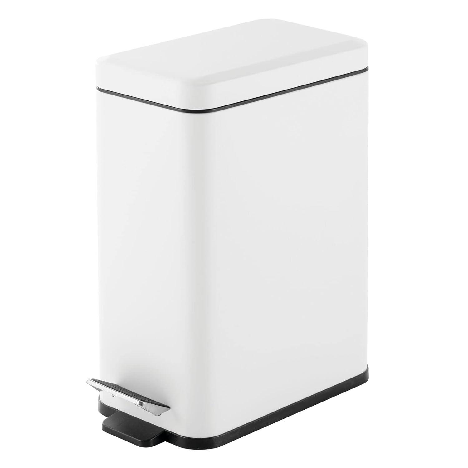 mDesign Slim Metal 2.6 Gallon Step Trash Can with Lid and Liner Bucket, White