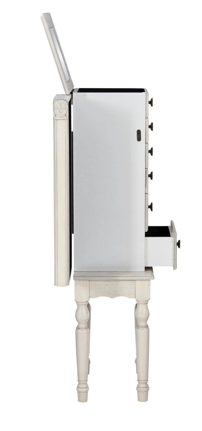 Off-White Distressed Finish Cottage Jewelry Armoire with Mirror