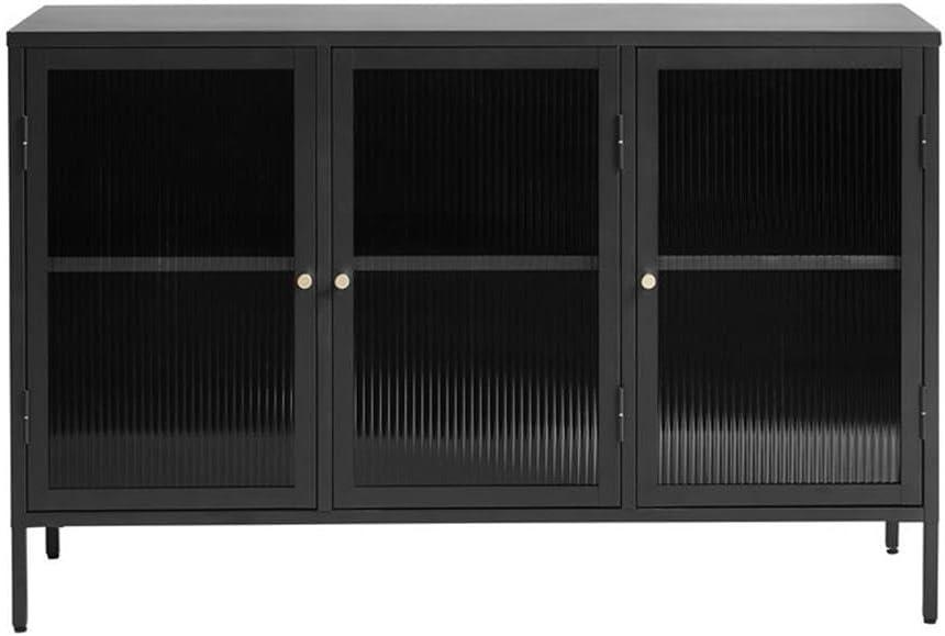 Refined Modern Black and Gold Metal Sideboard with Glass Panel Doors