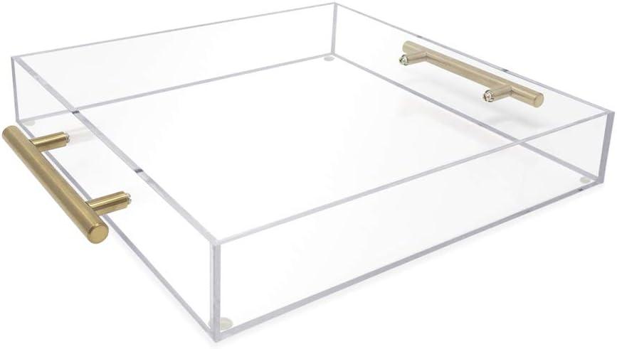 12"x12" Clear Acrylic Serving Tray with Golden Handles, Huge Capacity Sturdy Acrylic Tray for Coffee, Juice, Kitchen and Desk Organizer, Storage Tray (12"x12")