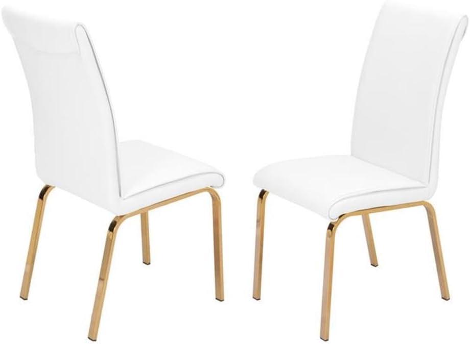 White Faux Leather Upholstered Side Chairs with Gold Metal Legs, Set of 2