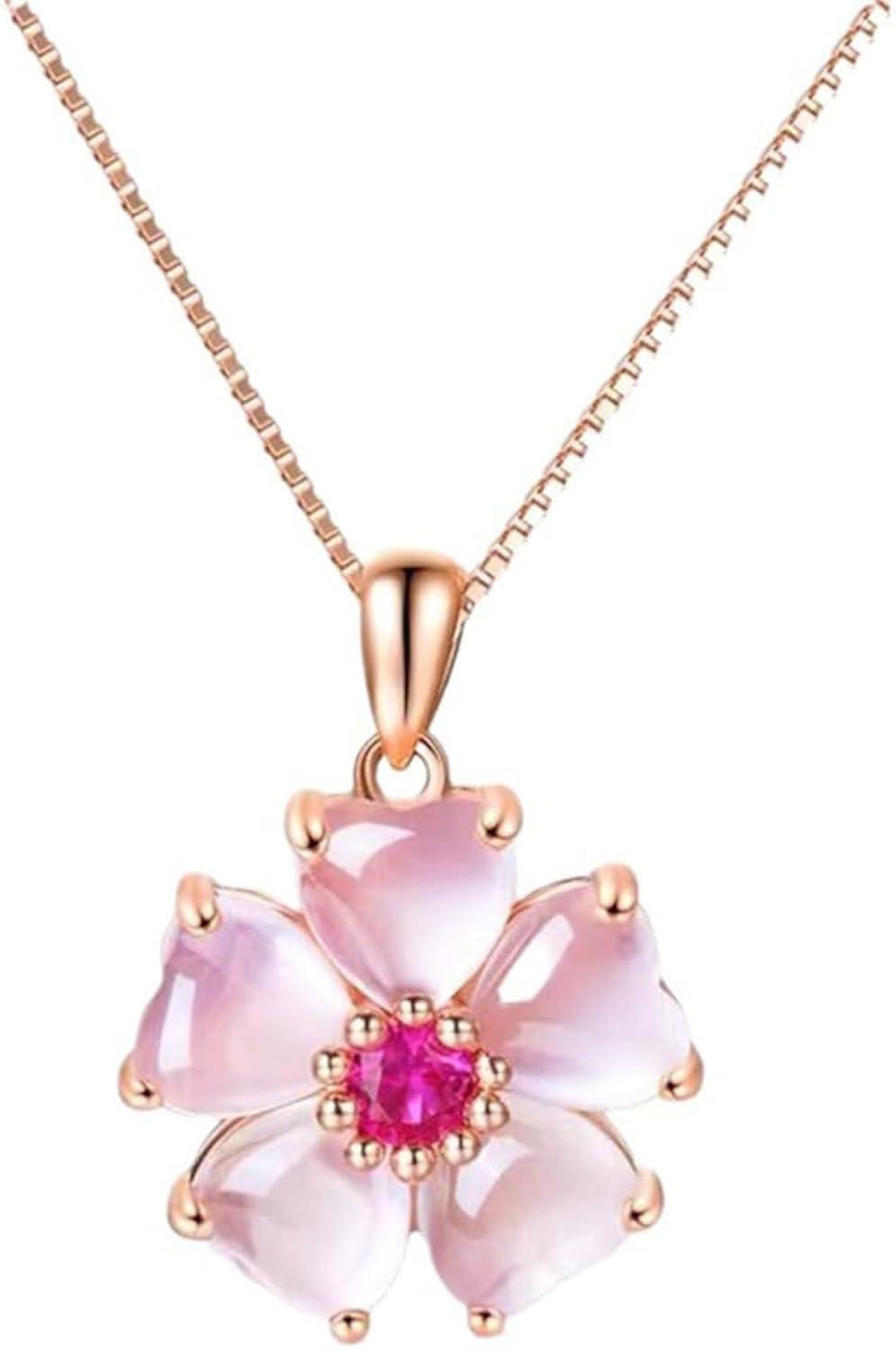 YOUMIYA Rose Gold Cherry Blossoms Necklace for Graduation Pink Beautiful Artificial Stone Crystal Necklace Best Gifts for Women Friend Lover
