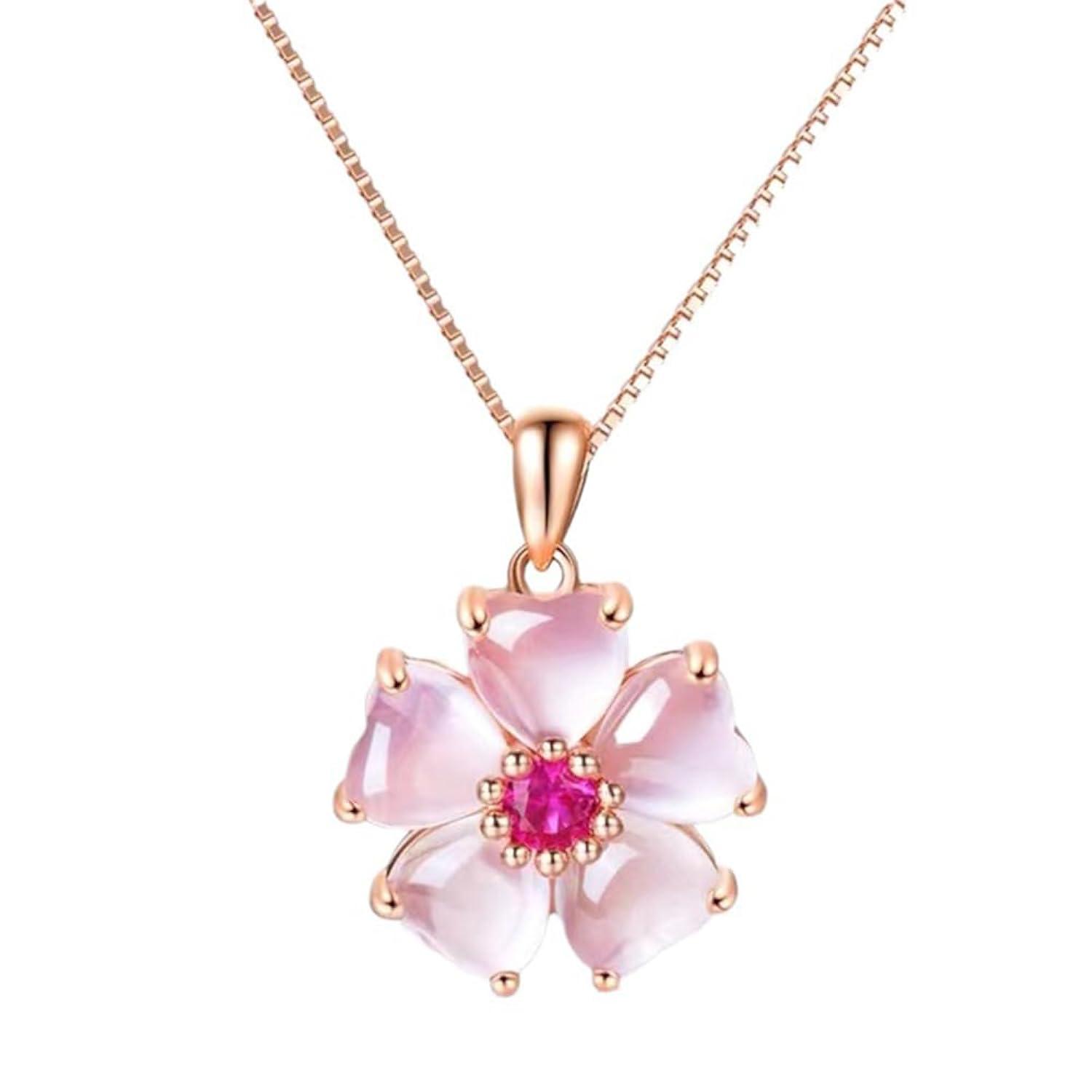 YOUMIYA Rose Gold Cherry Blossoms Necklace for Graduation Pink Beautiful Artificial Stone Crystal Necklace Best Gifts for Women Friend Lover