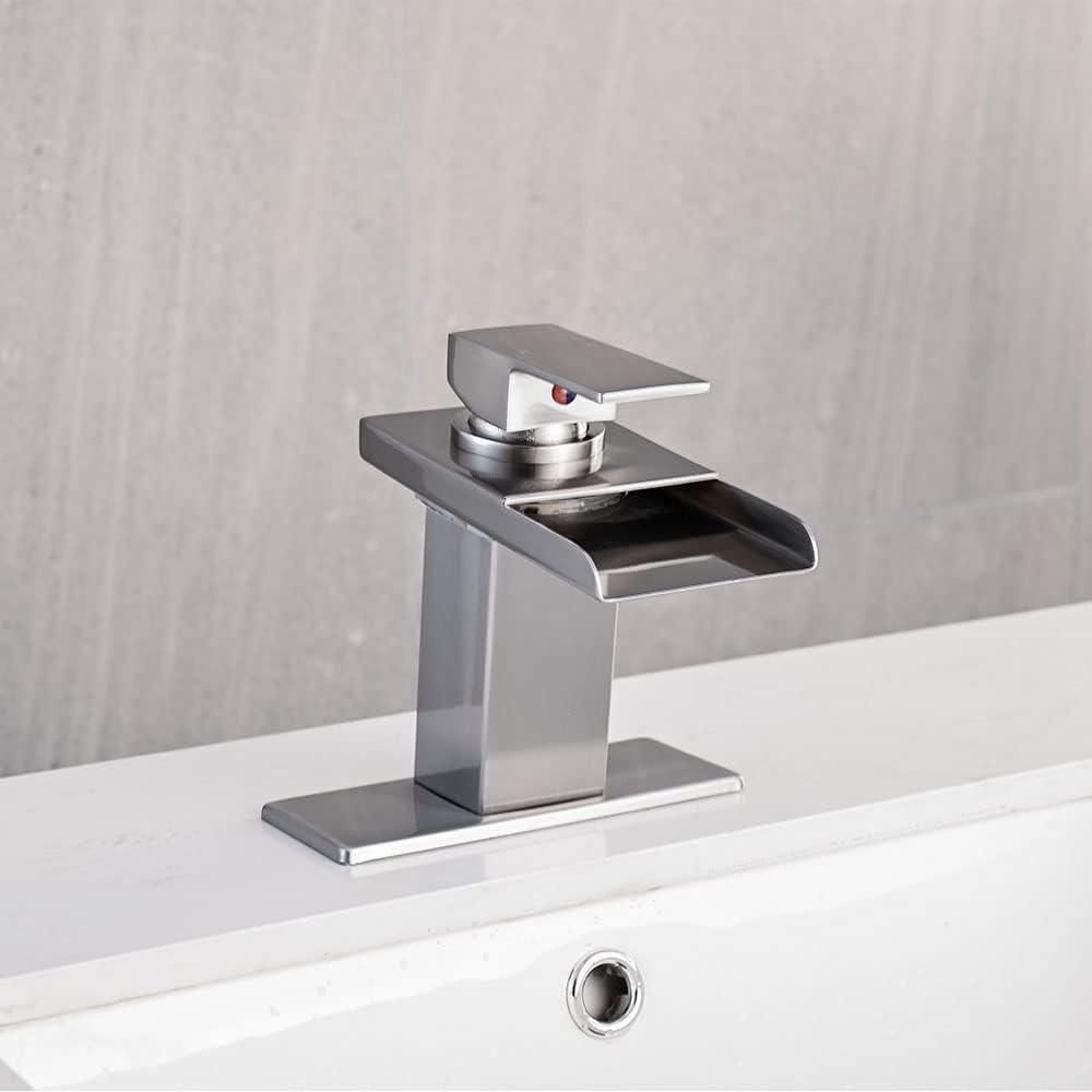 Brushed Nickel LED Waterfall Bathroom Faucet with Pop-Up Drain