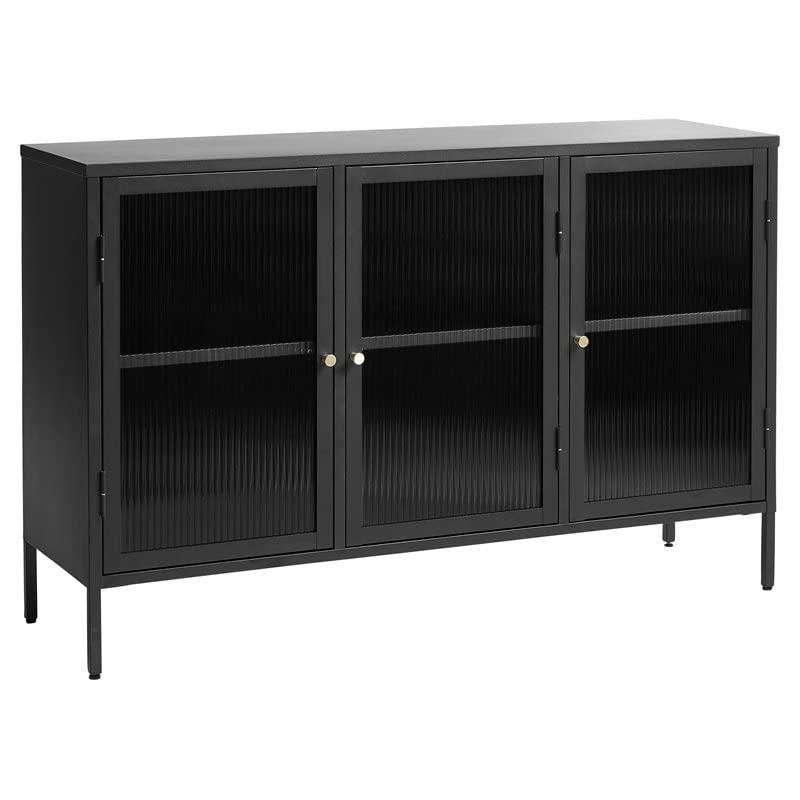 Refined Modern Black and Gold Metal Sideboard with Glass Panel Doors