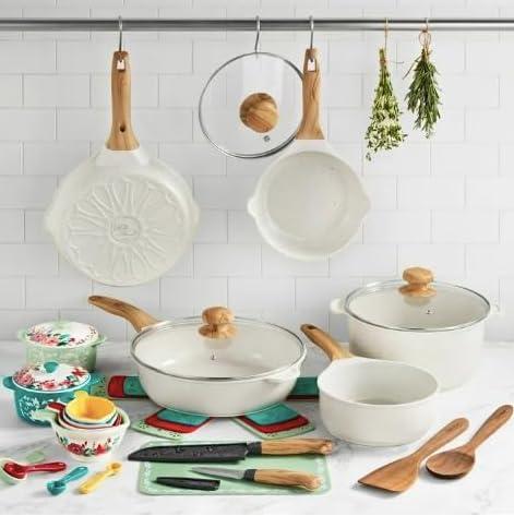 The Pioneer Woman Prairie Signature 30-Piece Cast Aluminum Cookware Set, Linen Speckle