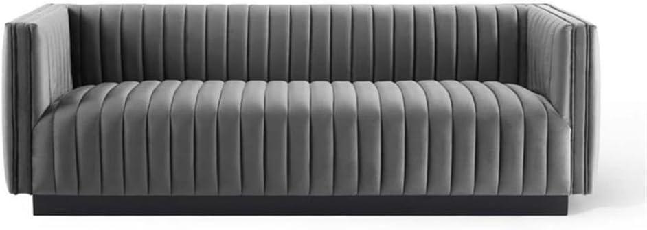 Gray Tufted Velvet Tuxedo Arm Sofa with Wood Base