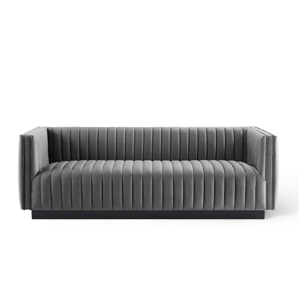 Gray Tufted Velvet Tuxedo Arm Sofa with Wood Base