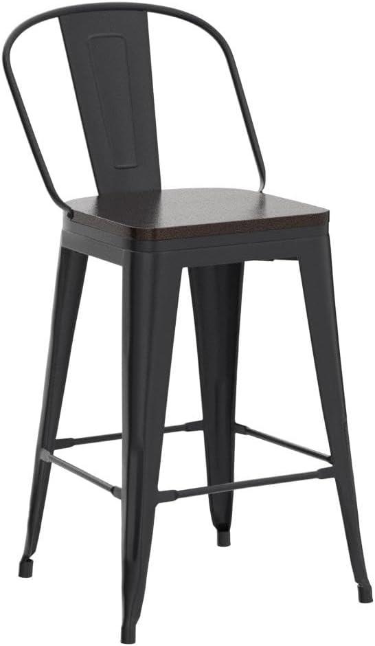 24" Black Metal and Wood Swivel Backless Bar Stools Set