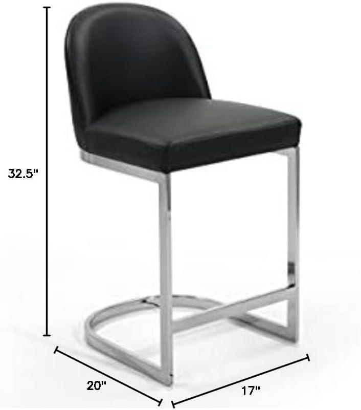 Xander Counter Stool Chair PU Leather Upholstered Armless Design Half-Moon Chrome Plated Solid Metal U-Shaped Base Modern Contemporary, Black
