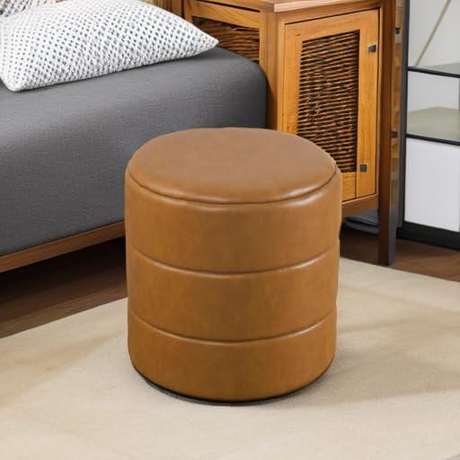 Round Upholstered Ottoman Caramel Faux Leather - HomePop: Channel Tufted, No Assembly Required