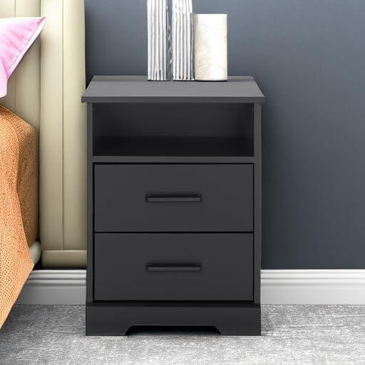 Prepac Rustic Ridge Farmhouse Nightstand with 2 Drawers and Open Shelf Black