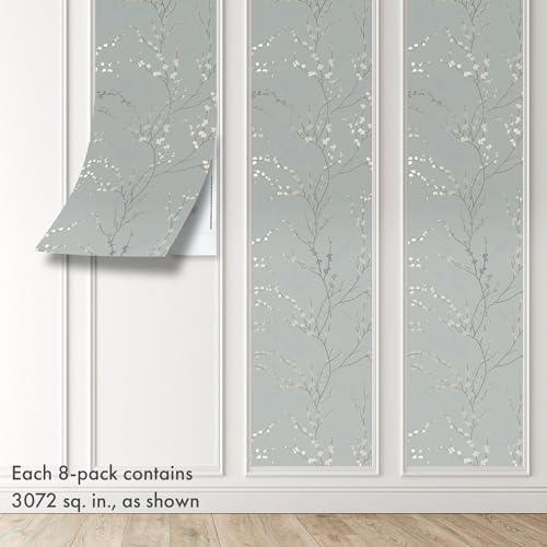 Main Street 8-Pack 16" x 24" Wallpaper Panels. Sage Green Floral Peel and Stick Wallpaper Sheets in West Coast Branch Print. Renter-Friendly Wallpaper for Home