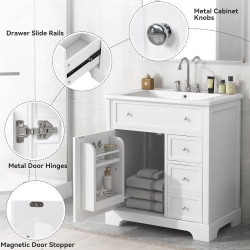 30" White Bathroom Vanity with Single Sink Combo, Modern Undermount Bathroom Sink Cabinet with 2 Drawers and a Tip-Out Drawer, Freestanding Bathroom Vanities, Soft Closing, Solid Wood Frame (New II)