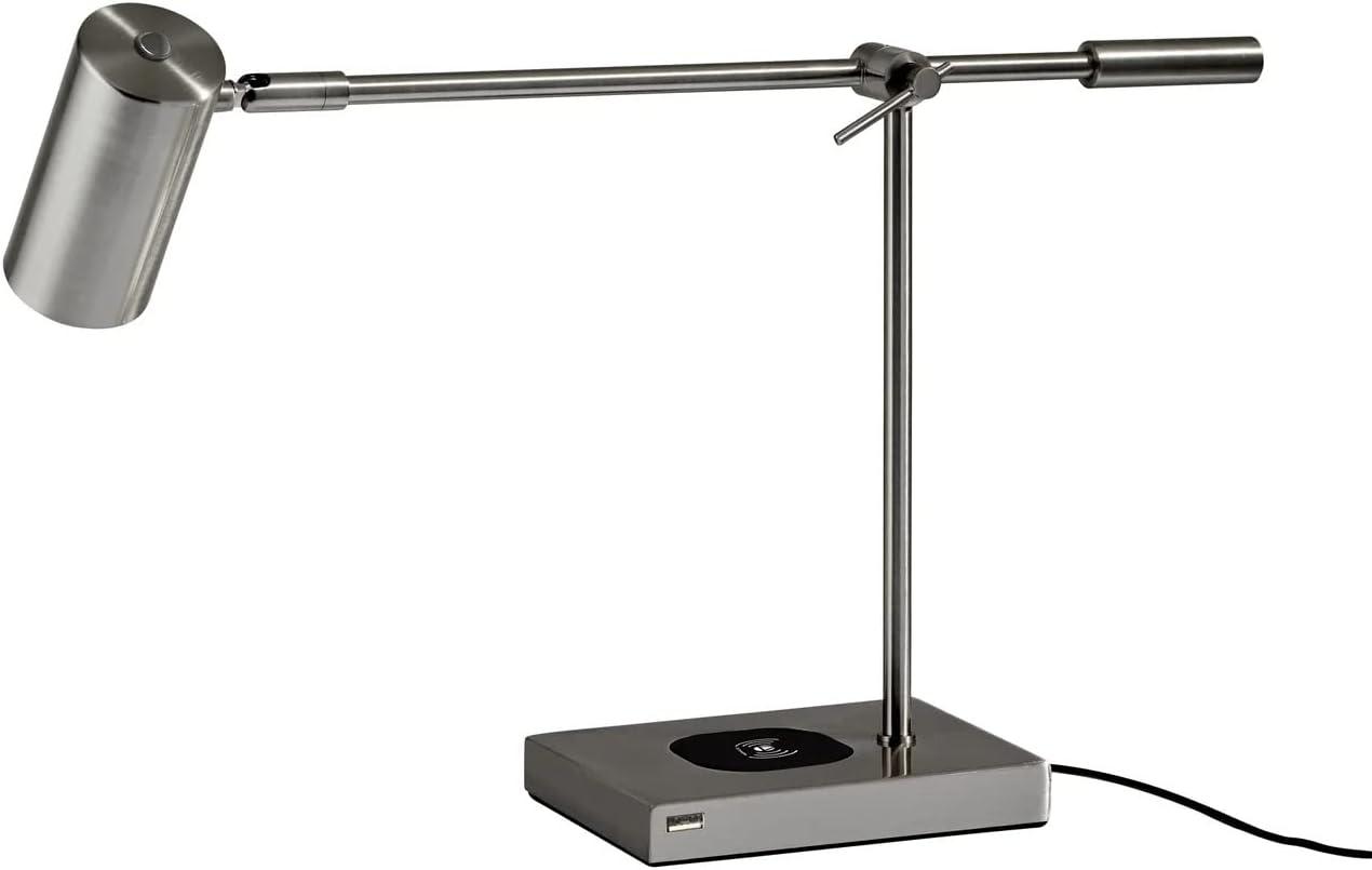 Flemings Brushed Steel Adjustable LED Desk Lamp with USB & Qi Charging