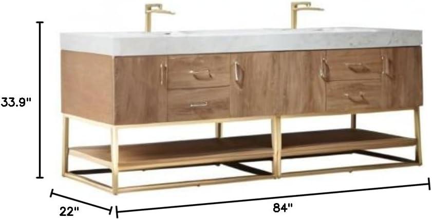 Vinnova Alistair 84" White Stone Top Oak Double Vanity Gold Frame w/o Mirror