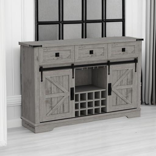 SinCiDo 54" Wine Bar Cabinet w/Sliding Barn Door, Kitchen Coffee Bar Cabinet w/Wine & Glass Rack, 3 Drawers, Large Buffet Sideboard, Light Rustic Oak