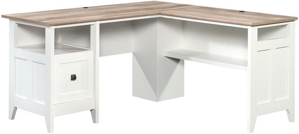 Soft White L-Shaped Wood Corner Desk with Drawer and Keyboard Tray