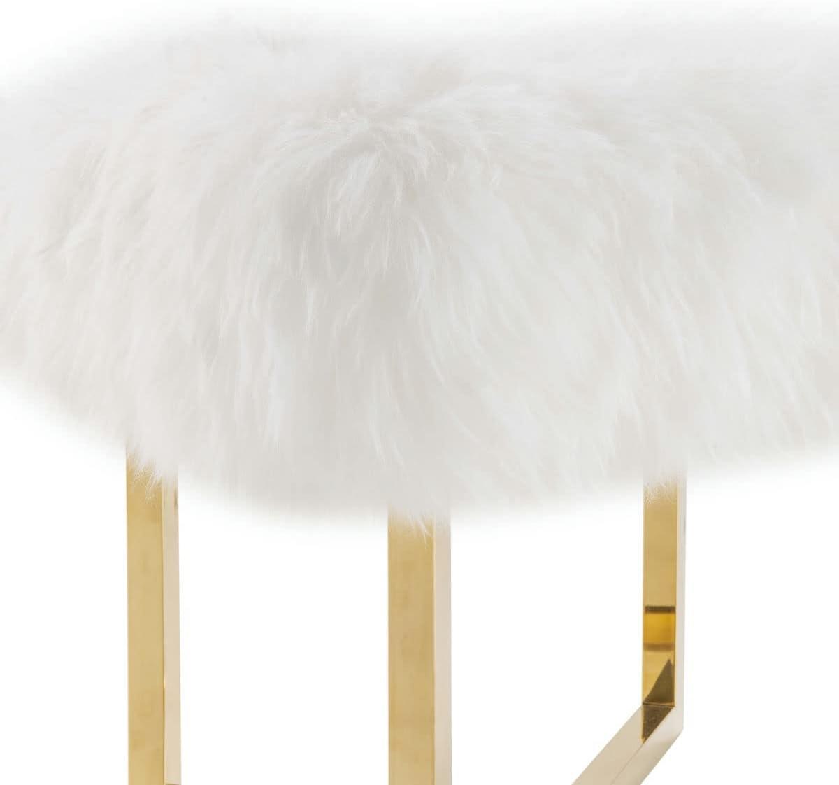 White Sheepskin Upholstered Bench with Gold Stainless Steel Frame