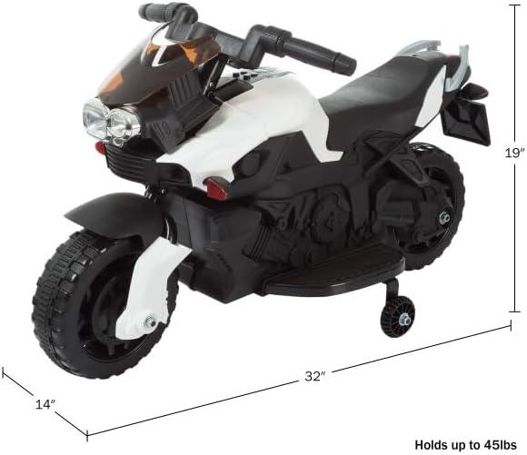 Toy Time Kids Motorcycle - Electric Ride-On with Training Wheels and Reverse Function - White and Black