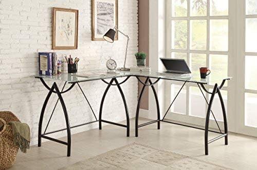 Black L-Shaped Glass Top Computer Desk with Steel Frame