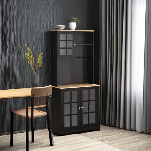 HOMCOM Kitchen Buffet with Hutch, Storage Pantry with 3 Cabinets, 2 Open Shelves and Large Countertop, Black