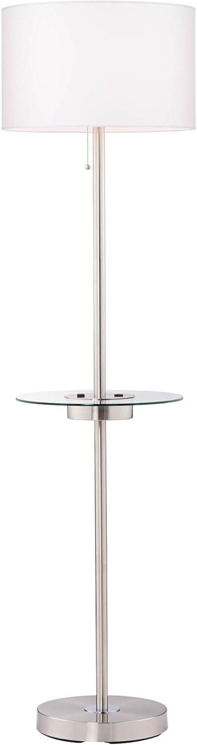 360 Lighting Caper Modern Floor Lamp with Tray Table 60 1/2" Tall Brushed Nickel USB and AC Power Outlet Off White Fabric Drum Shade for Living Room