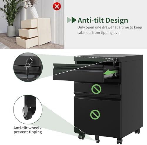 MIIIKO File Cabinet 3 Drawers on Wheels Under Desk, Black Metal Rolling File Cabinets with Lock for Home Office, Un-Assembled Filing Cabinet with Lock